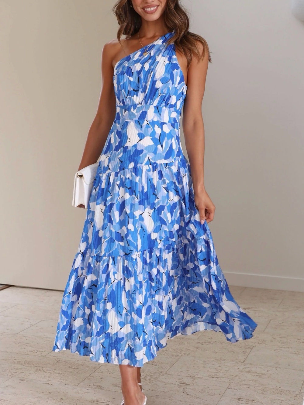 One-Shoulder Blue Floral Midi Dress by
